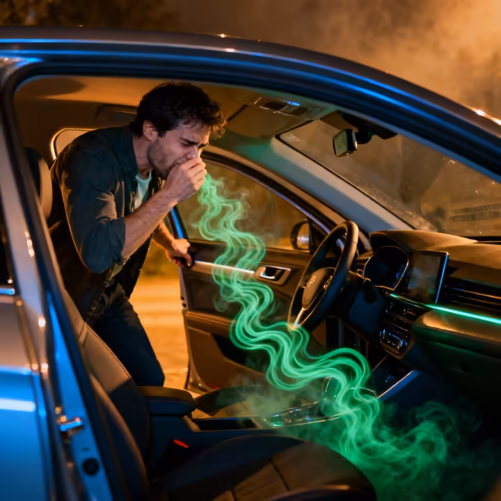 A person holding their nose in disgust after opening their car door.