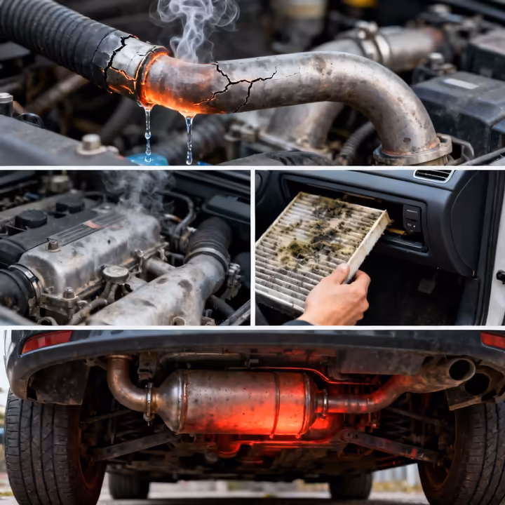 A collage of car parts that can cause bad smells, including a leaking hose, a dirty HVAC filter, and a catalytic converter.