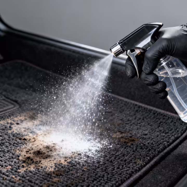 A person wearing gloves and using an enzymatic cleaner to deep clean a car's carpet.