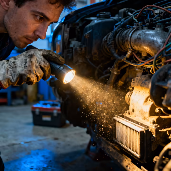 A person with a flashlight carefully inspecting their car's engine bay to find the source of a bad smell.