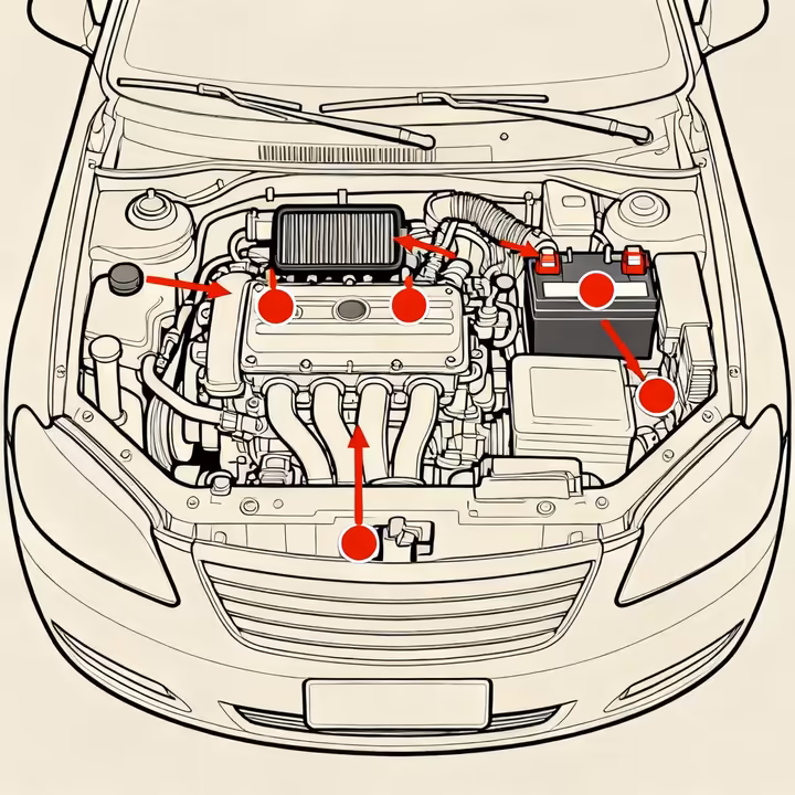 An infographic showing common hiding spots for rodents in a car's engine bay.