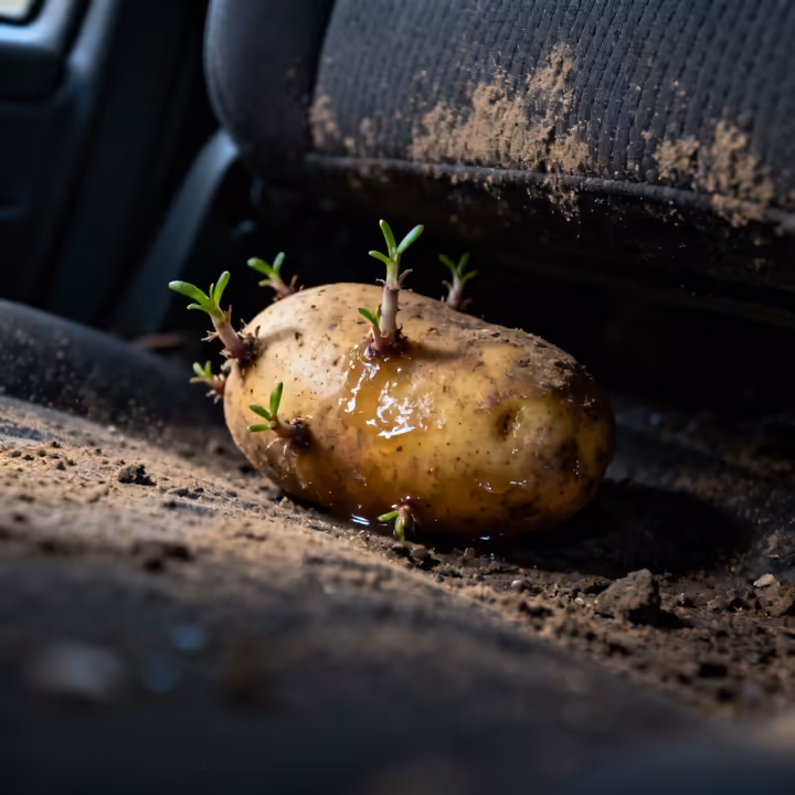 A moldy, forgotten potato discovered under the driver's seat of a car.