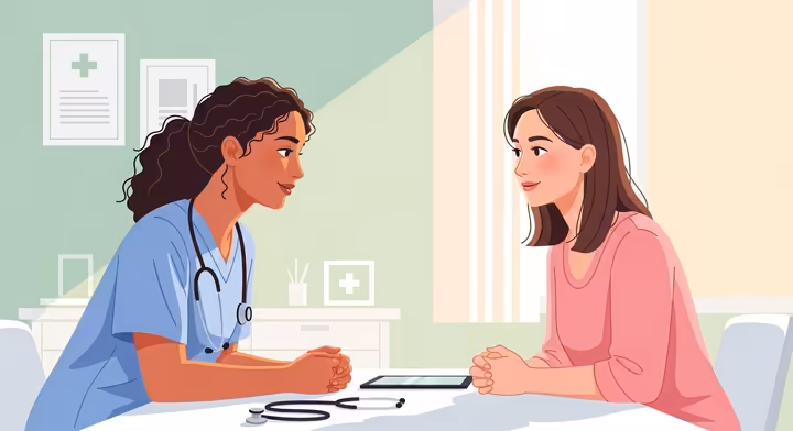 A friendly illustration of a female doctor talking to a patient in a calm and reassuring manner.