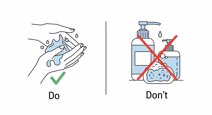 A split-screen illustration showing a checkmark next to gentle washing of the vulva with water, and a red X over a douching bottle.