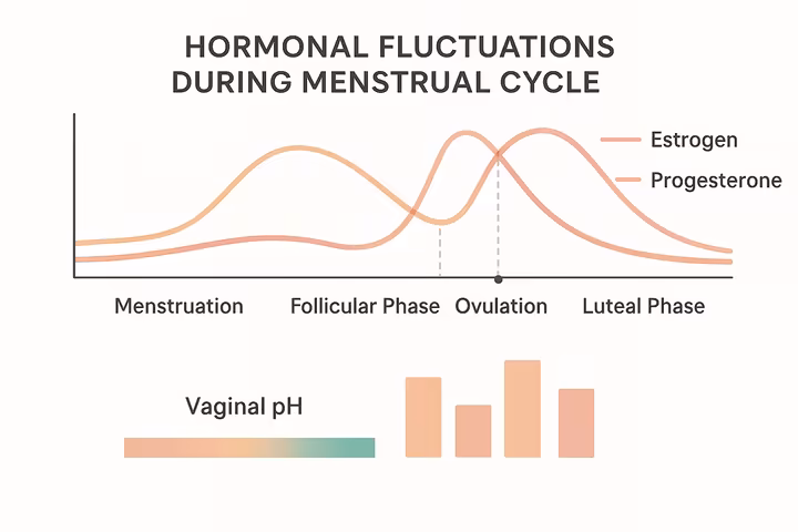 A simplified chart of the menstrual cycle showing estrogen and progesterone levels rising and falling, and how this affects vaginal pH.