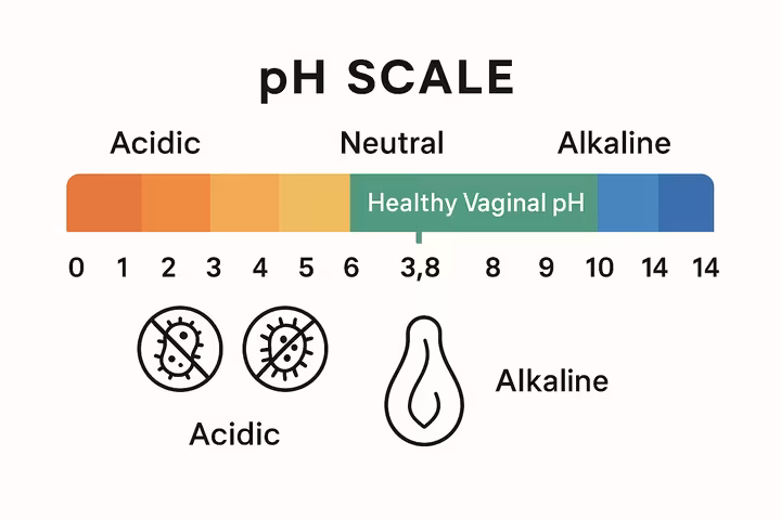 A pH scale showing the healthy acidic range for the vagina (3.8-4.5) highlighted in green, contrasting with the neutral and alkaline ranges.