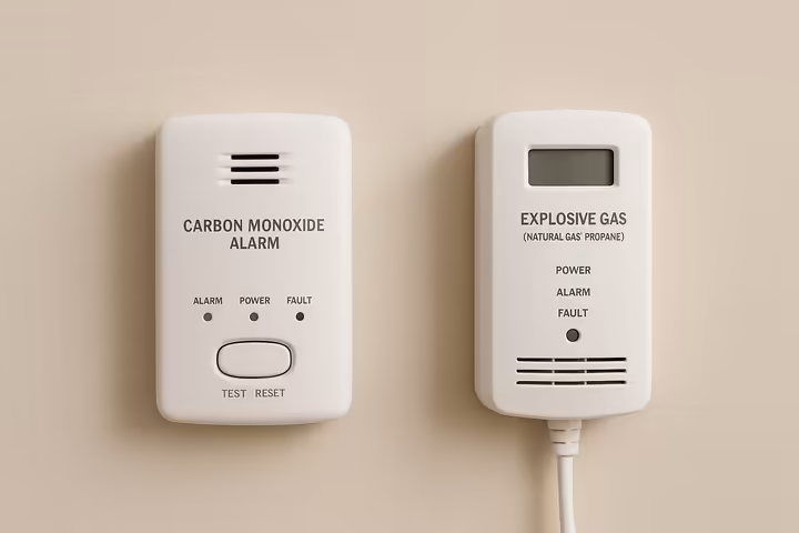 A carbon monoxide (CO) detector and an explosive gas detector mounted side-by-side on a wall.