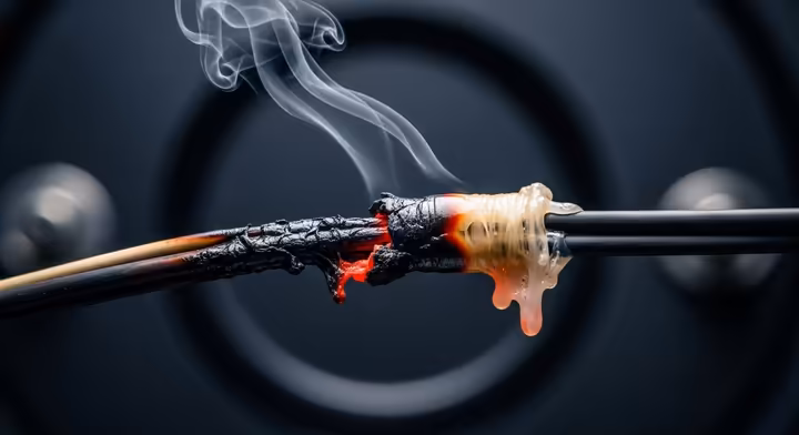 A close-up image showing a melted and charred electrical wire, illustrating an electrical fault.