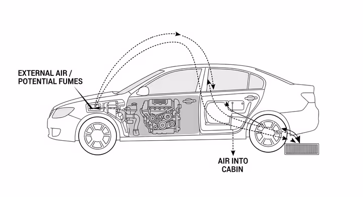 Diagram showing the location of a car's fresh air intake vent at the base of the windshield, above the engine bay.