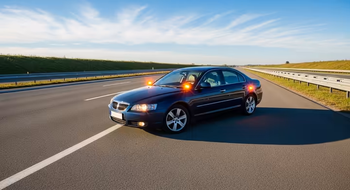 A car safely pulled over to the side of the road with its hazard lights flashing, indicating a problem.