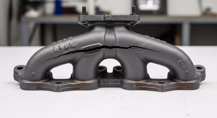 A cracked exhaust manifold on a car engine, showing where dangerous fumes can leak out before the catalytic converter.