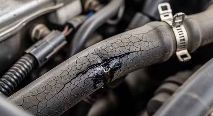 An old, brittle rubber fuel line on a car engine with visible cracks and signs of leaking.