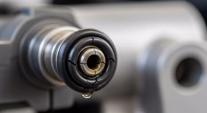 Close-up of a car's fuel injector with a cracked and brittle O-ring seal, causing a fuel leak.
