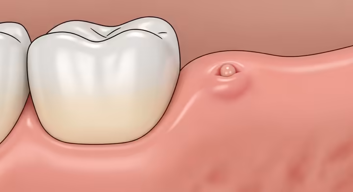 A clinical photo showing a red-flag symptom: a gum abscess or fistula, a small pimple-like lesion, near a dental crown.