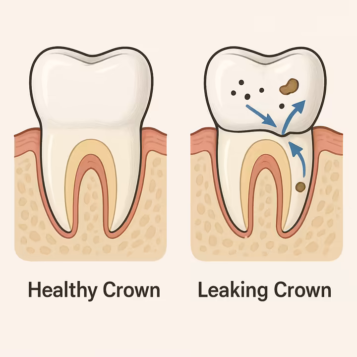 Diagram comparing a healthy dental crown with a perfect seal to a faulty crown with microleakage, allowing bacteria to enter.