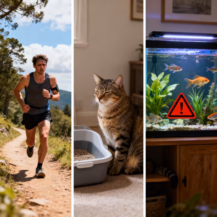 A triptych of images: a long-distance runner on a trail, a cat looking at its litter box, and a fish tank with a red warning sign, representing different sources of ammonia smell.