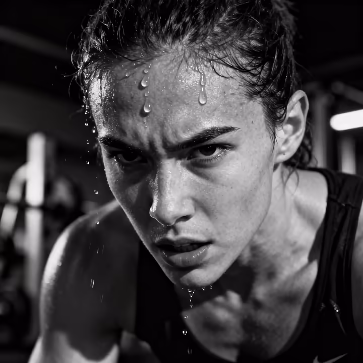 A close-up shot of an athlete's face covered in sweat during an intense workout, illustrating how the body can produce an ammonia smell from sweat.