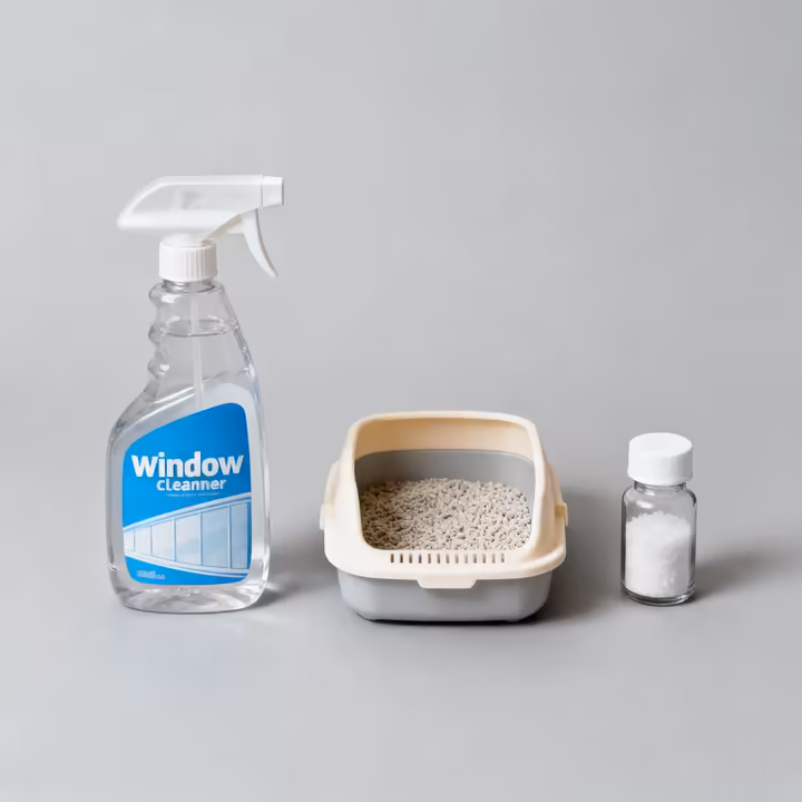 A collage showing common sources of ammonia smell: a bottle of household cleaner, a cat litter box, and smelling salts.