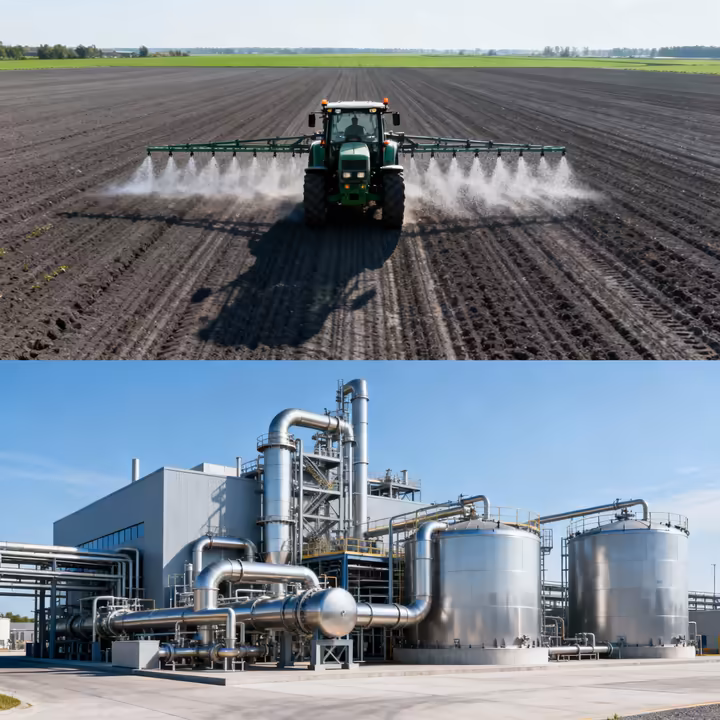 A composite image showing industrial uses of ammonia: a farm tractor spraying fertilizer on a field and a large industrial chemical plant.