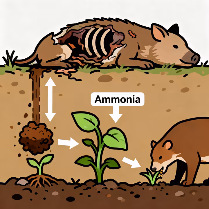 A diagram of the natural nitrogen cycle, showing how decomposing organic matter releases ammonia, which is then used by plants for growth.