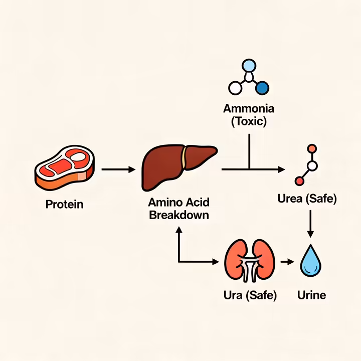 An infographic showing the process of protein metabolism: Protein is broken down into amino acids, which creates ammonia in the liver. The liver converts ammonia to urea, which is then filtered by the kidneys into urine.