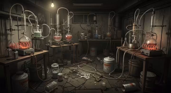A stylized illustration of a dangerous and messy clandestine meth lab with beakers, tubing, and containers of precursor chemicals.
