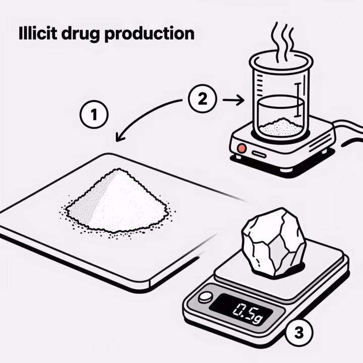 An informational graphic showing the conversion of powder cocaine into crack rocks using baking soda and heat.