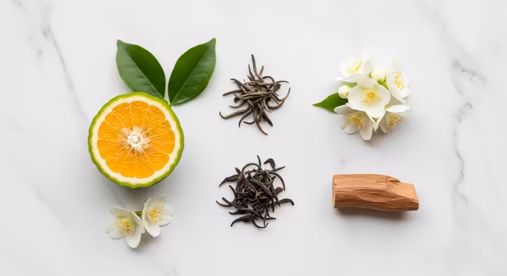 A flat lay composition of fragrance ingredients like bergamot, white tea leaves, jasmine flowers, and a piece of cedarwood.